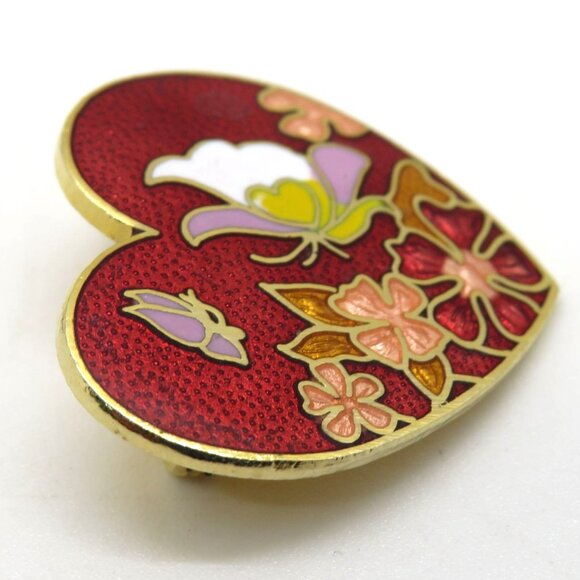 Cloisonne Brooch Heart Shaped Floral Enamel 1" Pin Butterfly Red Gold‎ Tone - Picture 6 of 8